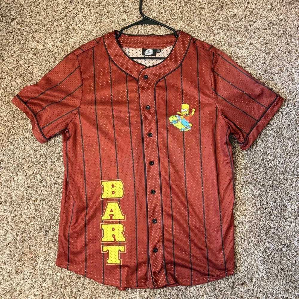 The Simpsons Bart Simpson Mesh Baseball Jersey XL Red Black Pinstripe Skateboard